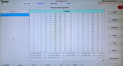 Freeze Dryer Controller Recipes Management Page